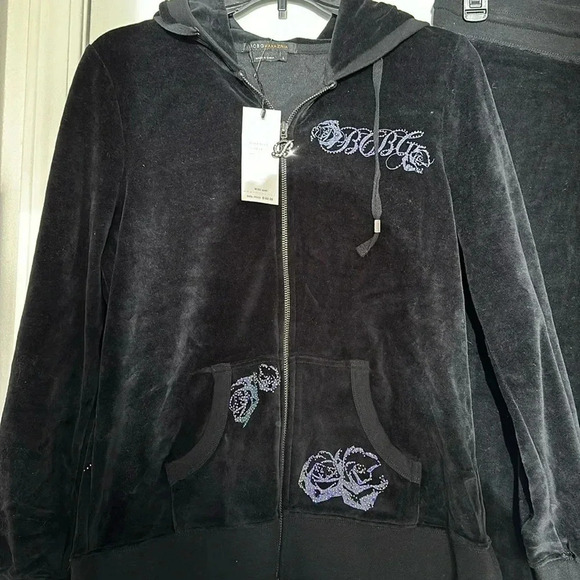 NWT BCBGMaxAzria Velvet Rhinestones Iridescent Roses Hoodie Track Suit 2-Piece - Picture 2 of 13